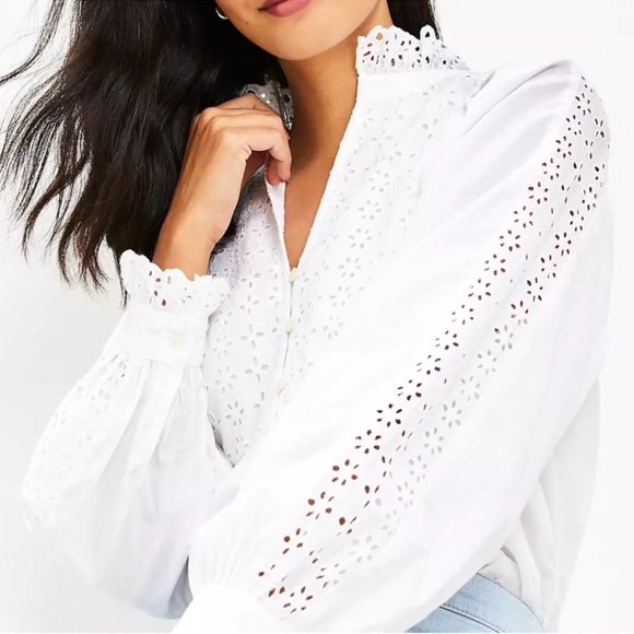 LOFT Tops - NWOT LOFT White Eyelet Ruffle Blouse Large Cotton Long Sleeve Cottagecore Chic
